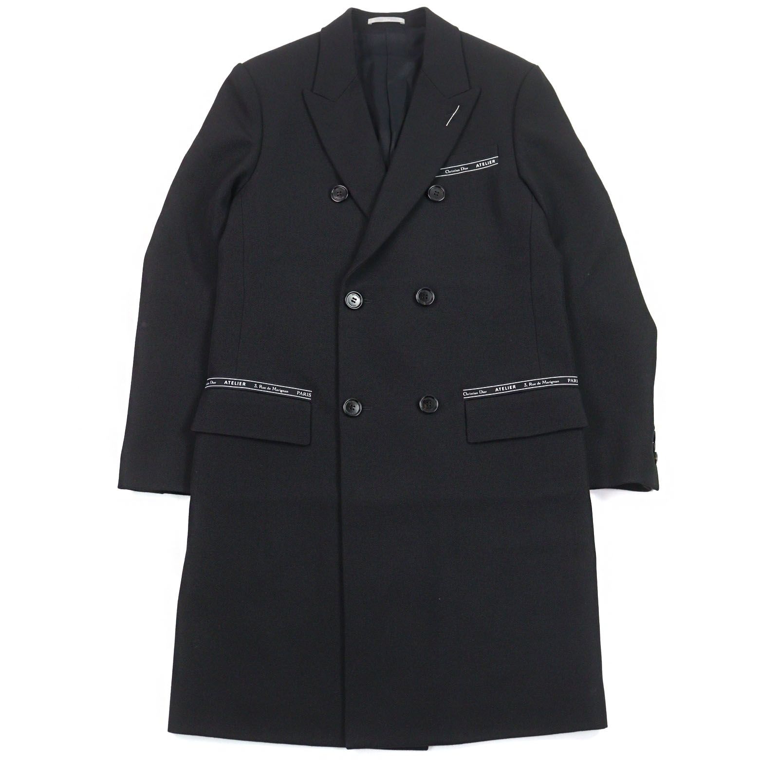 ○Dior HOMME ディオールオム 833C310Q4272 ATELIER ウール アトリエロゴテープ ロゴボタン ピークドラペル ダブルブレスト チェスターコート ブラック系 44 イタリア製 メンズ
