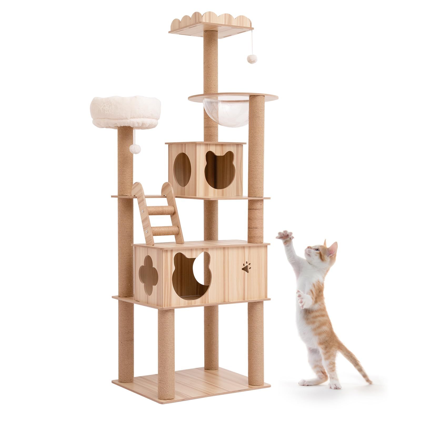新着商品 PETTOM キャットタワー 猫タワー 大型猫用 ねこハウス 木製 多頭飼い 据え置き 高い安定性 丸角設計 デザイン 省スペース 180cmタワー