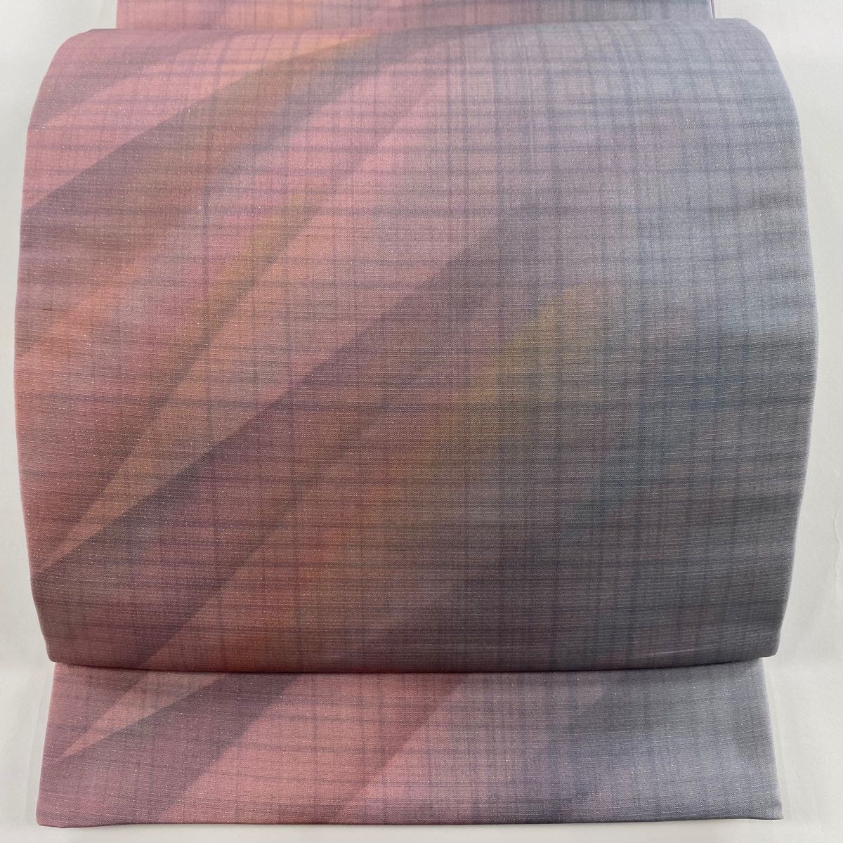 袋帯 秀品 落款 格子 幾何学 箔 ピンク 全通 正絹