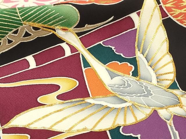 平和屋着物□豪華振袖 駒刺繍 飛鶴几帳花文 黒地 金彩 正絹 逸品