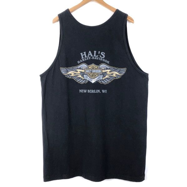 【古着】 Harley-Davidson ハーレーダビッドソン タンクトップ バーロゴ 両面プリント HAL'S ウイングロゴ ブラック系 メンズXL 【中古】 n058207