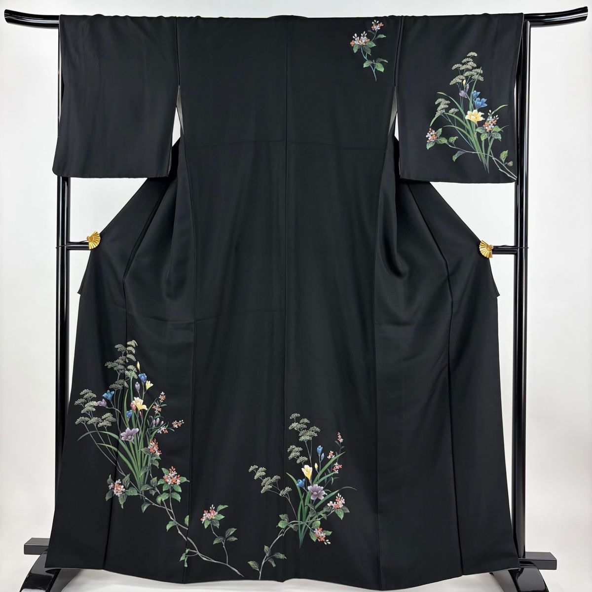 訪問着 身丈164cm 裄丈66cm M 袷 草花 枝花 金彩 黒 正絹 秀品