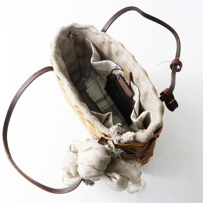 エバゴス ebagos リネンレース被せ レザーハンドル 紅籐 かごバッグ ベージュ ブラウン バスケット トートバッグ