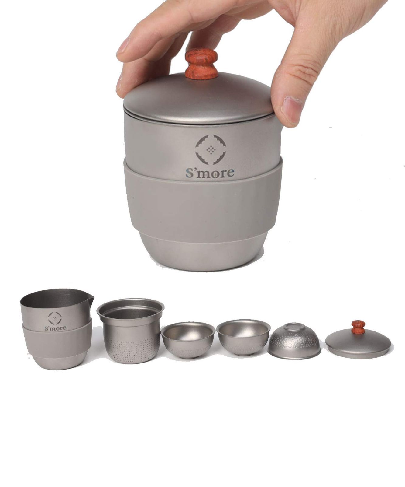 S more スモア Titanium Tea Coze チタン アウトドア 5点セット コンパクト キャンプカトラリー ピクニック バーベキュー 携帯用 食器 収納ケース付き ティーポット ストレーナー カップ3つの合計5点セット