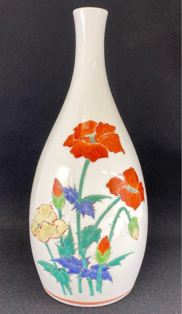 人間国宝 故十四代 酒井田柿右衛門 濁手本人作花瓶 高さ28.5