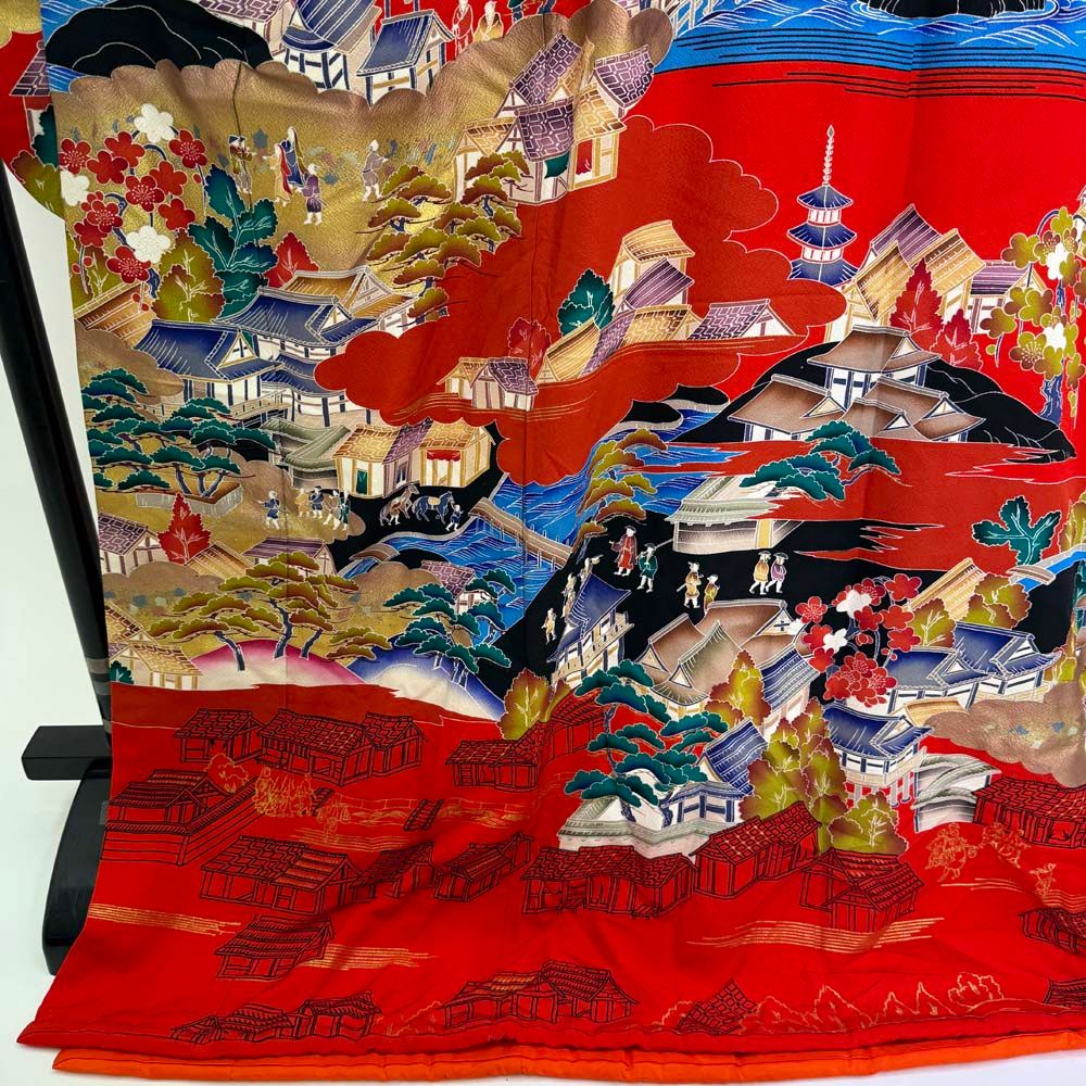 本振袖 引き振袖 正絹 赤 花柄 古典 刺繍 結婚式 裄64.2cm B