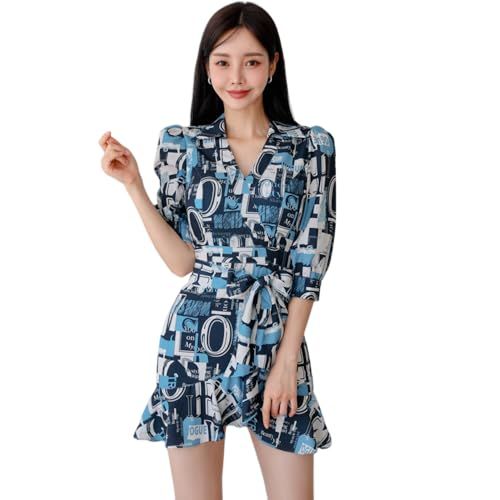 GRAXIA グラシア キャバドレス ミニドレス ワンピース キャバ嬢 キャバクラ ラウンジ 五分袖 Vネック ウエストマーク フリル モダン リボン ミニ丈 レディース ブルー XLサイズ