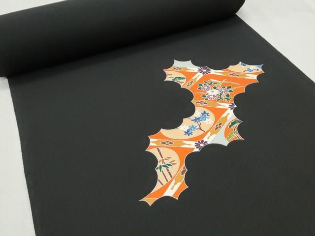 平和屋着物▽羽織 反物 黒生地 刺繍 天井草花文 丹後ちりめん