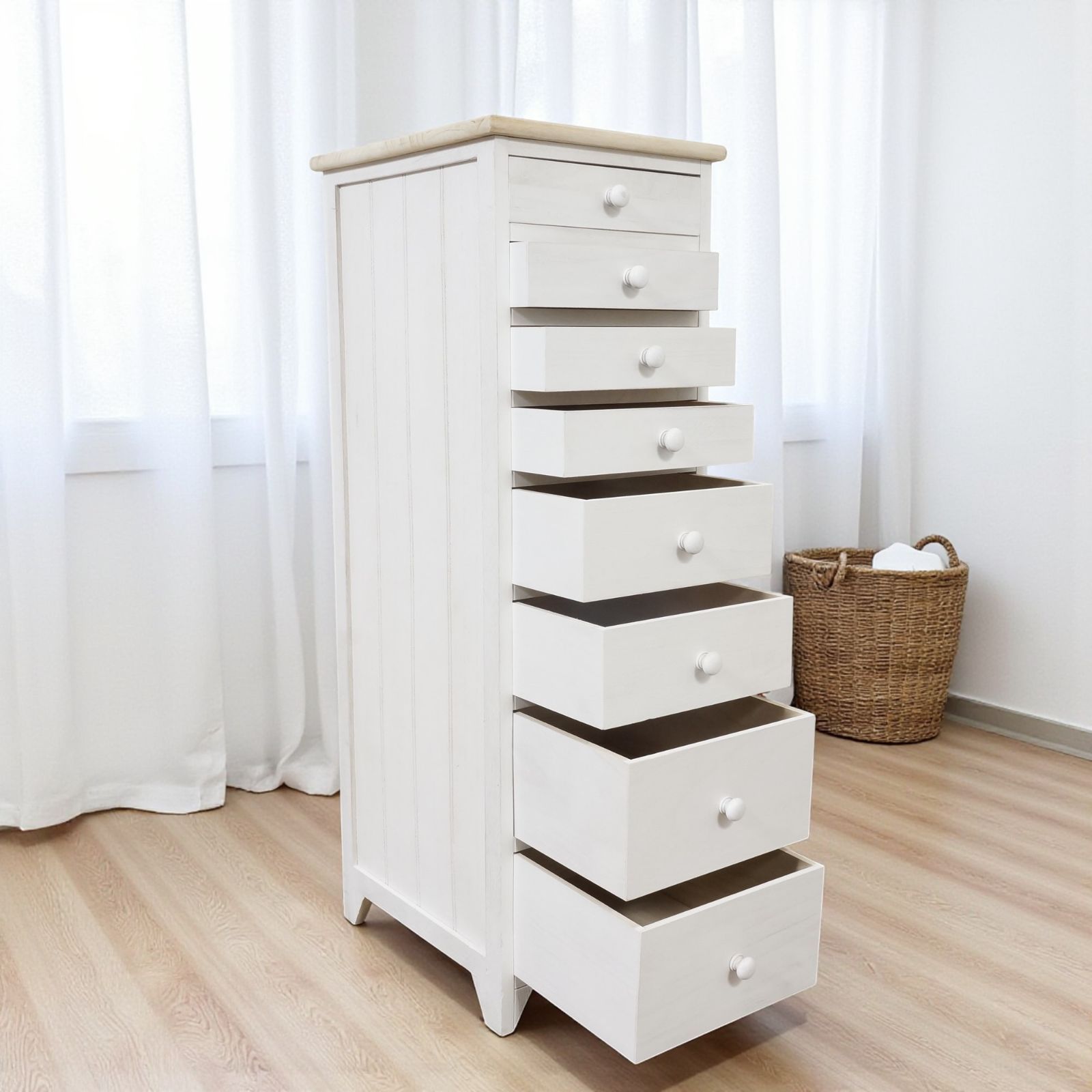 K 完成品 スリムチェスト 8段 高さ95cm 幅31cm 桐材 シャビーホワイト タワーチェスト スペース収納 シャビーシック 隙間収納
