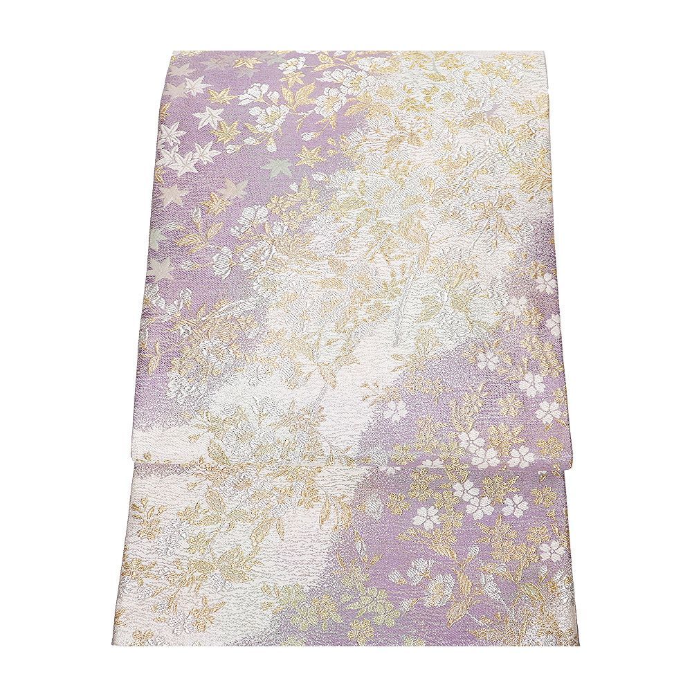 訪問着用 袋帯 正絹 金仙花 紫 クリーム 金 銀 桜 紅葉 流水 Lサイズ F8334 レディース シルク ギフト フォーマル