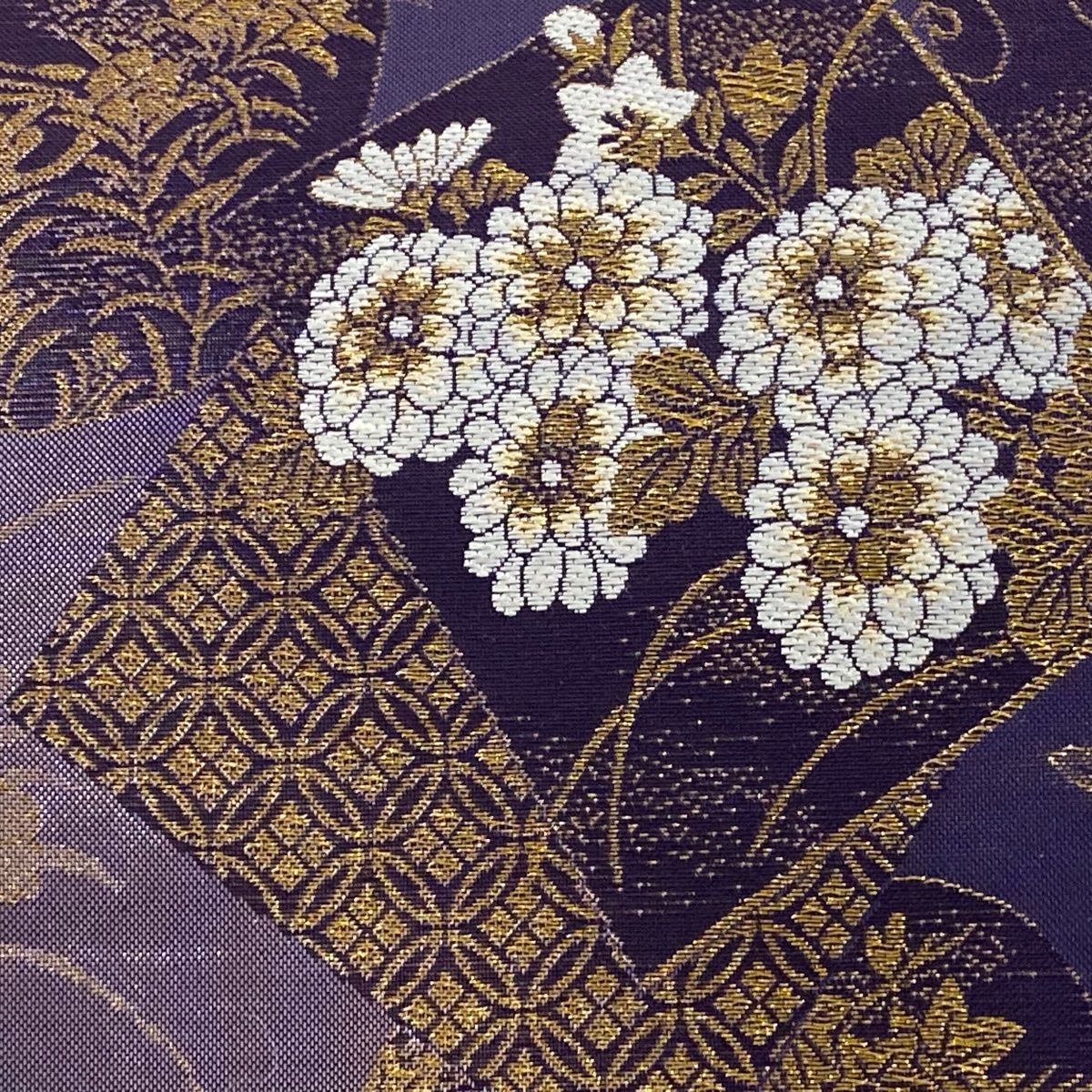 袋帯 秀品 草花 牡丹 金糸 紫 六通 正絹