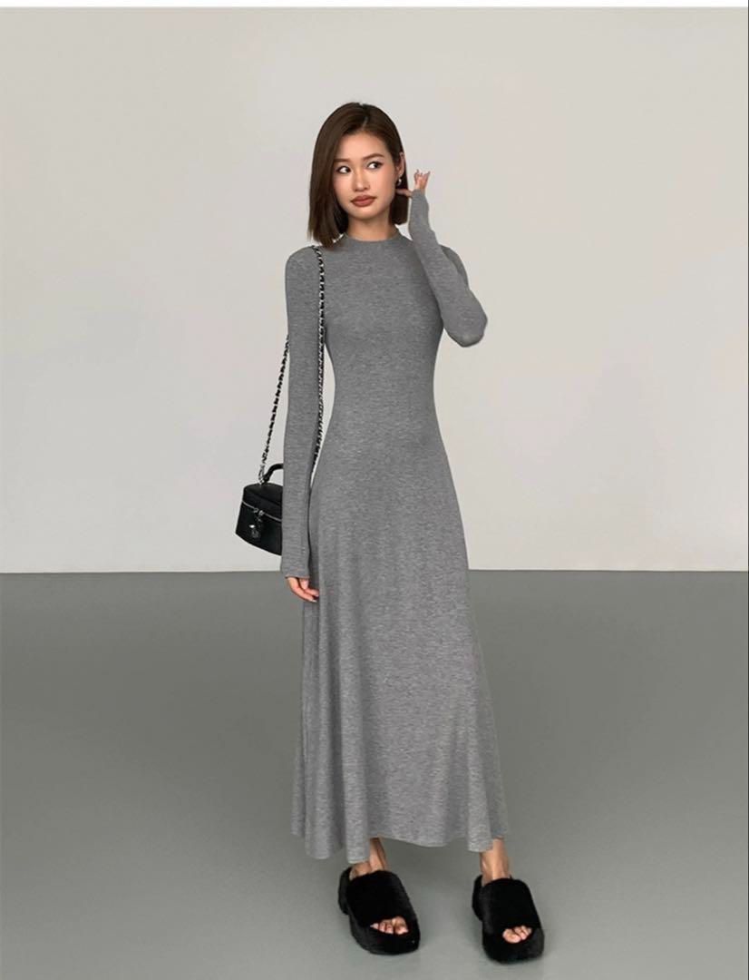 春モテ服 長袖ニットロングワンピース