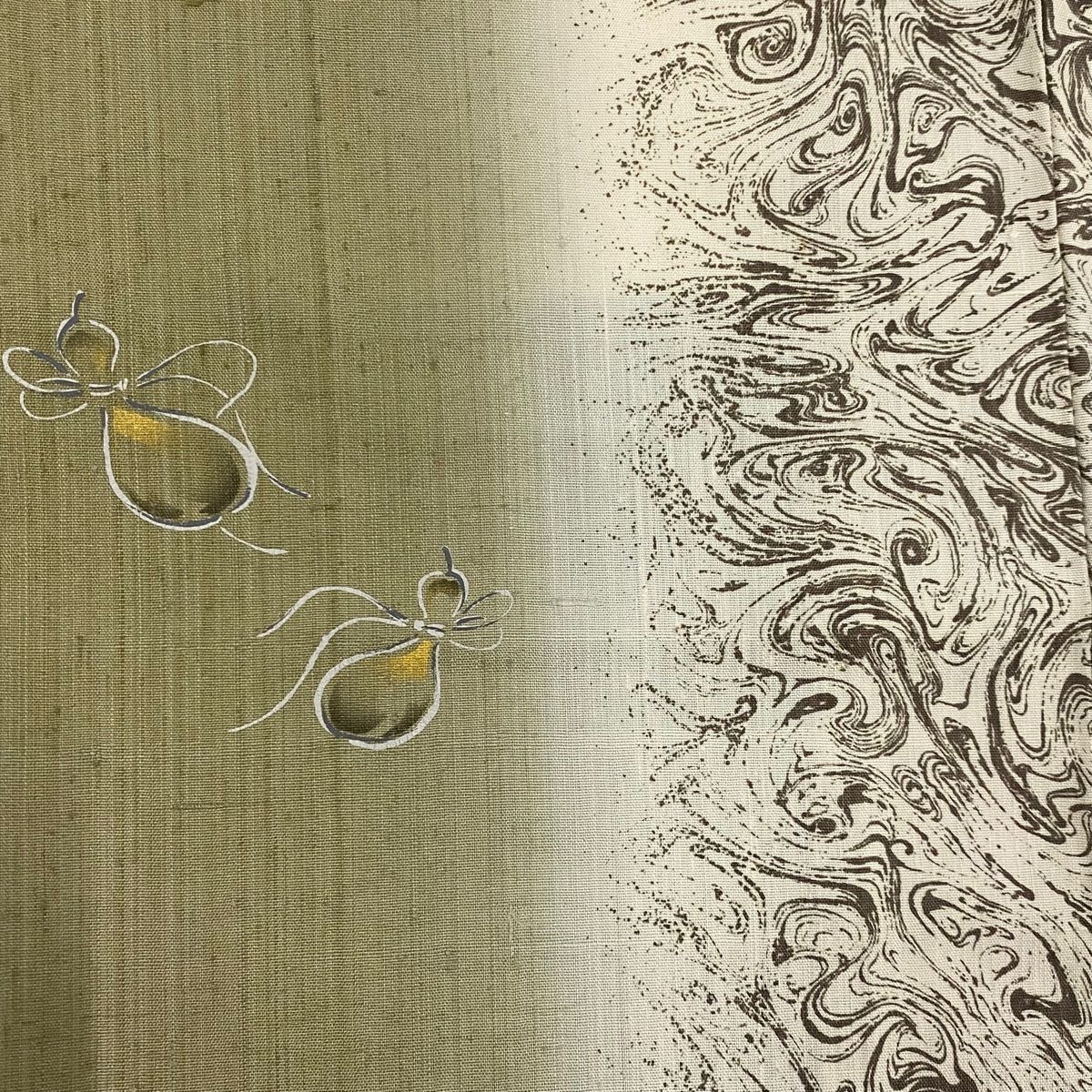 付下げ 身丈171.5cm 裄丈70cm L 袷 紬地 瓢箪 墨流し 金彩 ぼかし 灰緑  