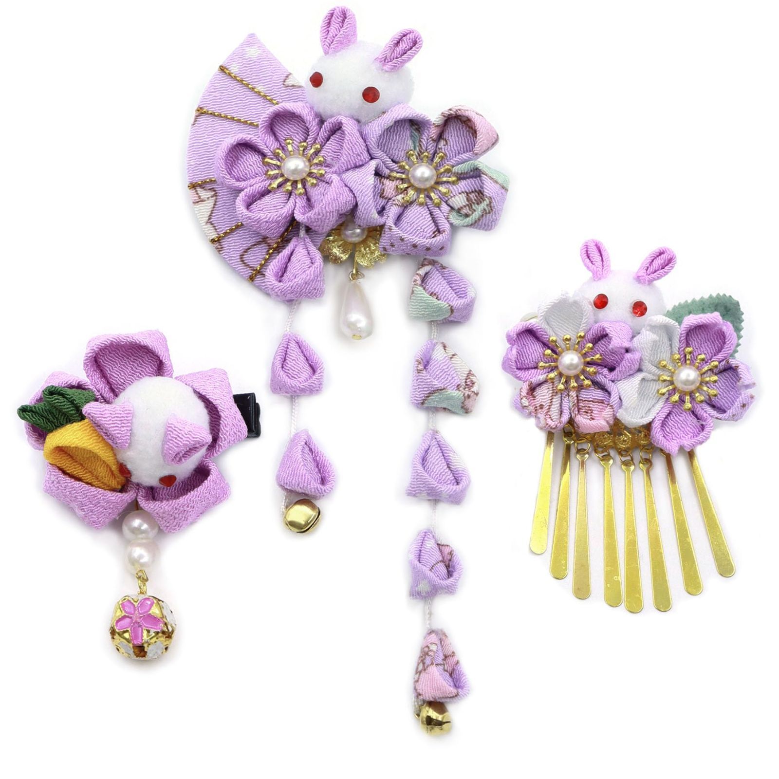 限定SALE，格安 【数量限定】和服 ヘアーアクセサリー 人気 結婚式 かんざし 卒業式 花 結納 つまみ細工 和装 振袖 入学式 着物 袴 発表会 浴衣 七五三 鈴付き 成人式 3点セット 手作り 髪飾り [JZOON] 和装小物