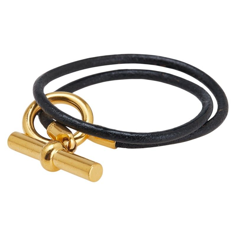 エルメス グレナン 2連 ブレスレット チョーカー ブラック ゴールド レザー メッキ レディース HERMES 1-0231069