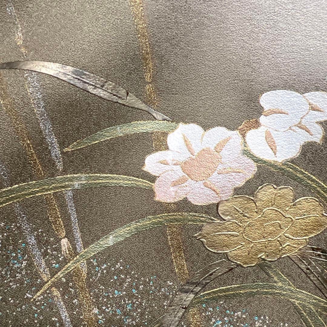 訪問着　金彩　刺繍　牡丹　鳥　鉄線　のり散らし　紋無し　着物　055a d 訪問着 金彩 刺繍 牡丹 鳥 鉄線 のり散らし 紋無し 着物 055a d