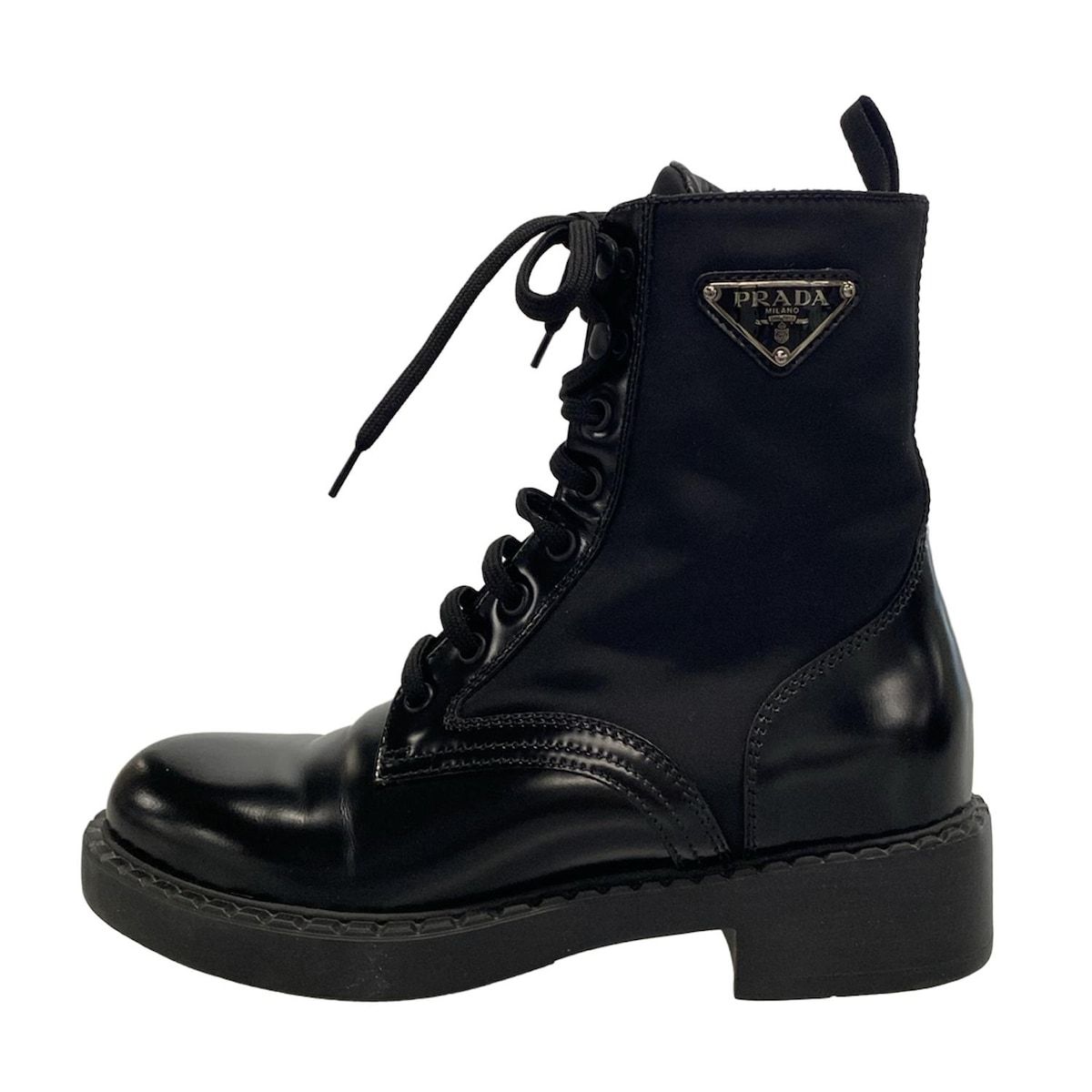 PRADA プラダ ショートブーツ 37 レディース - 1T782M 黒 トライアングルロゴ|レースアップ|Re-Nylon リナイロン レザー