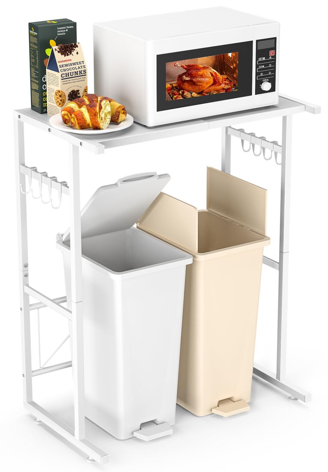 【新着商品】ゴミ箱上ラック Holdm レンジラック スチール 伸縮 40-60×奥行40×高さ86.5cm 耐荷重25㎏ フック8個付 アジャスター付き レンジ台ラック 冷蔵庫上ラック (ホワイト)