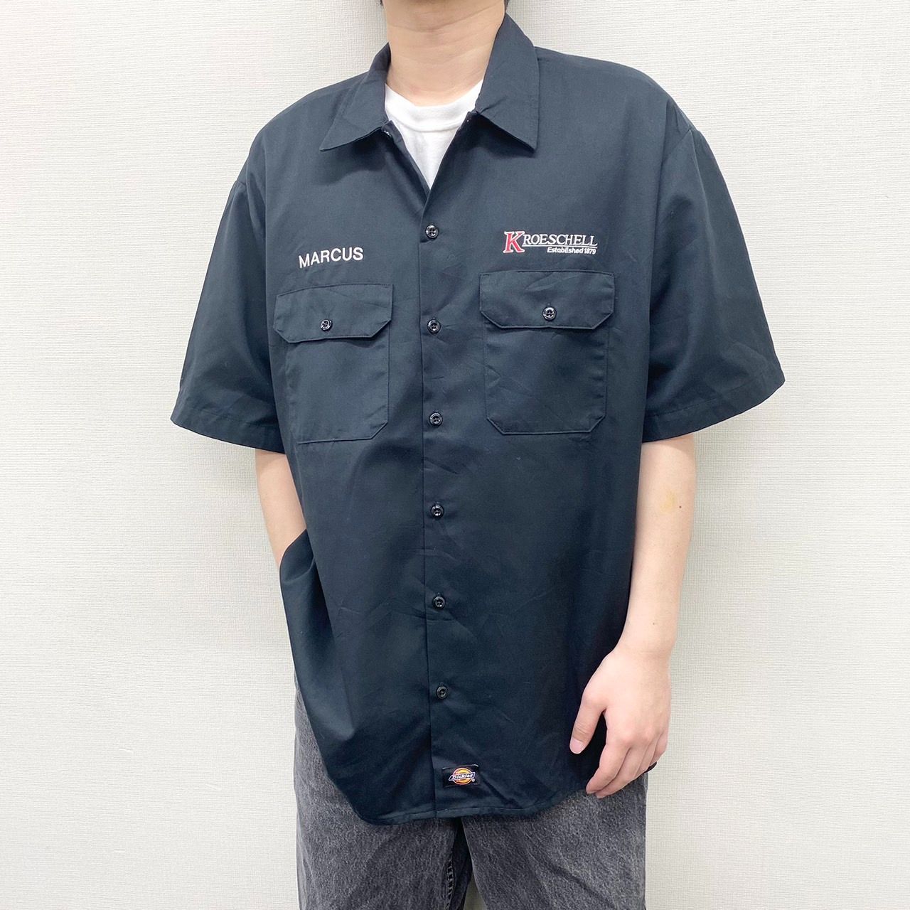 US古着 ディッキーズ Dickies ワークシャツ 半袖 企業 ロゴ 刺繍 Men's