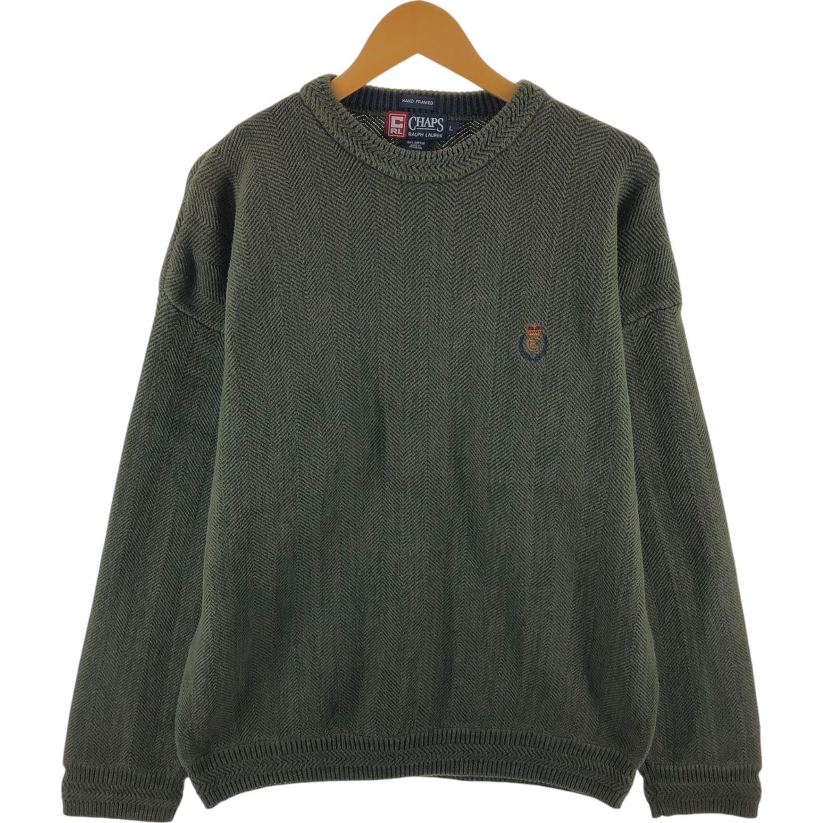 古着 90年代 ラルフローレン Ralph Lauren CHAPS チャップス HAND FRAMED ヘリンボーン コットンニットセーター メンズL相当/eaa492589