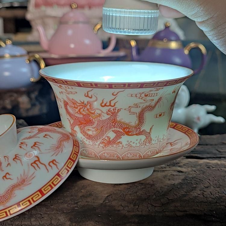 中国茶器 景徳鎮?紅乾隆三才蓋碗茶碗 湯飲み 煎茶道具 未使用品