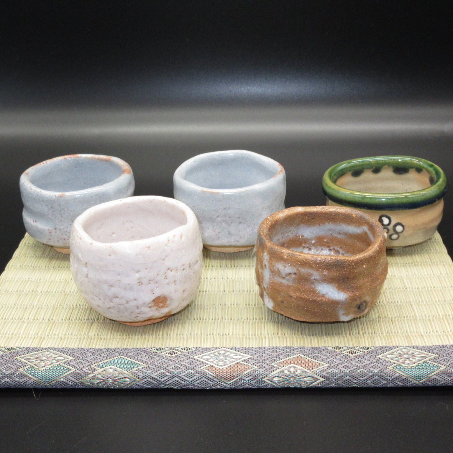 ☆陶器 美濃焼 織部 志野 作家作品 ぐい呑 特選 9点 ≪手作り≫ 【箱入