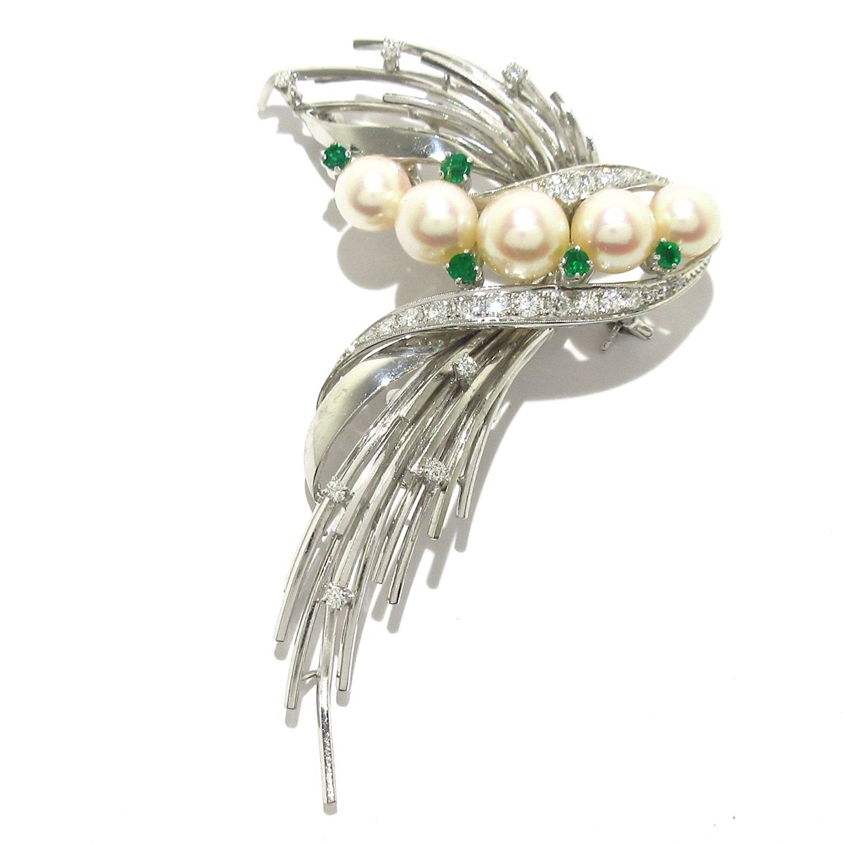 mikimoto ミキモト ブローチ - K14WG×ダイヤモンド×エメラルド 5Pパール|パール直径約7mm-10mm|28Pダイヤ