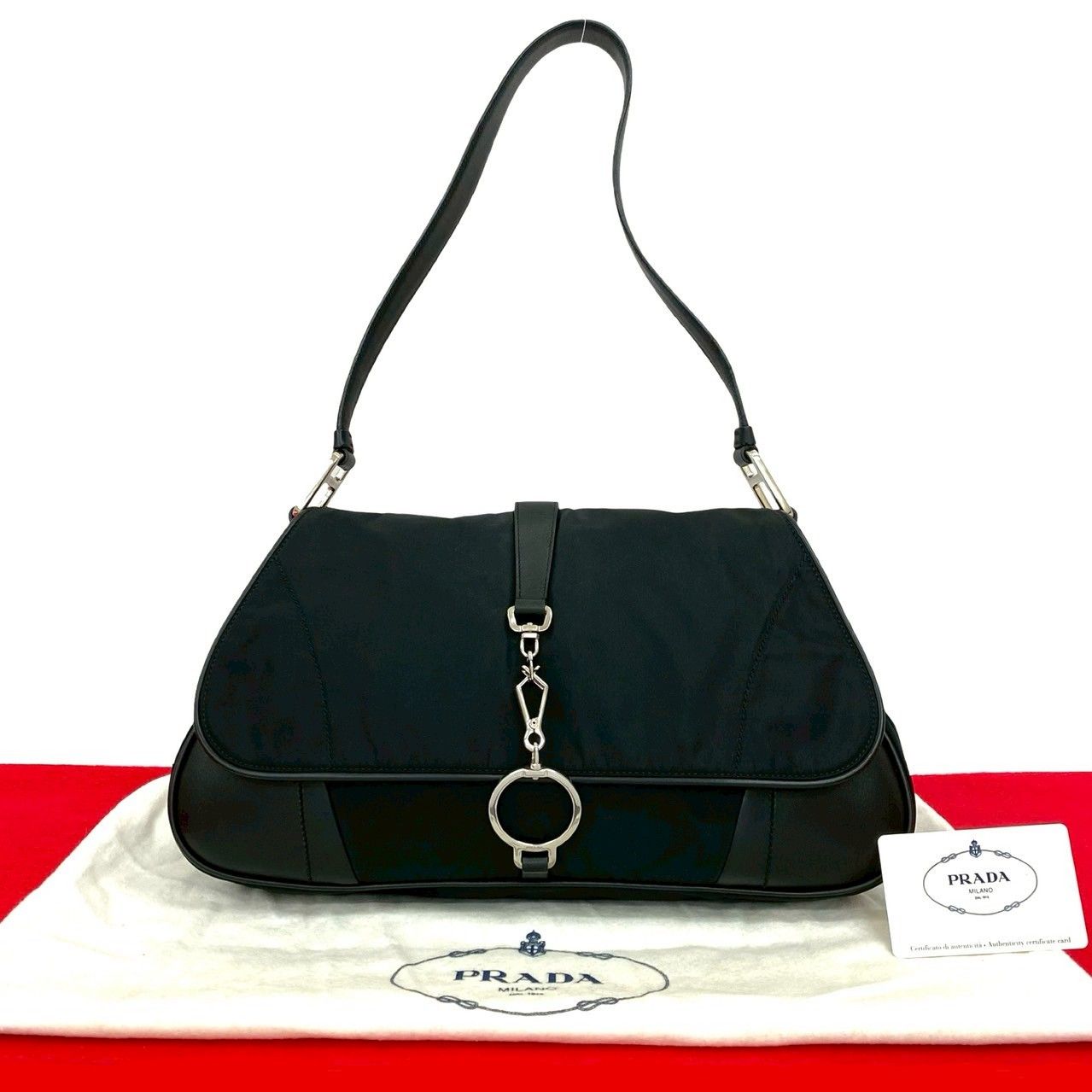 ほぼ未使用 袋付 PRADA プラダ 三角ロゴ 金具 レザー ナイロン