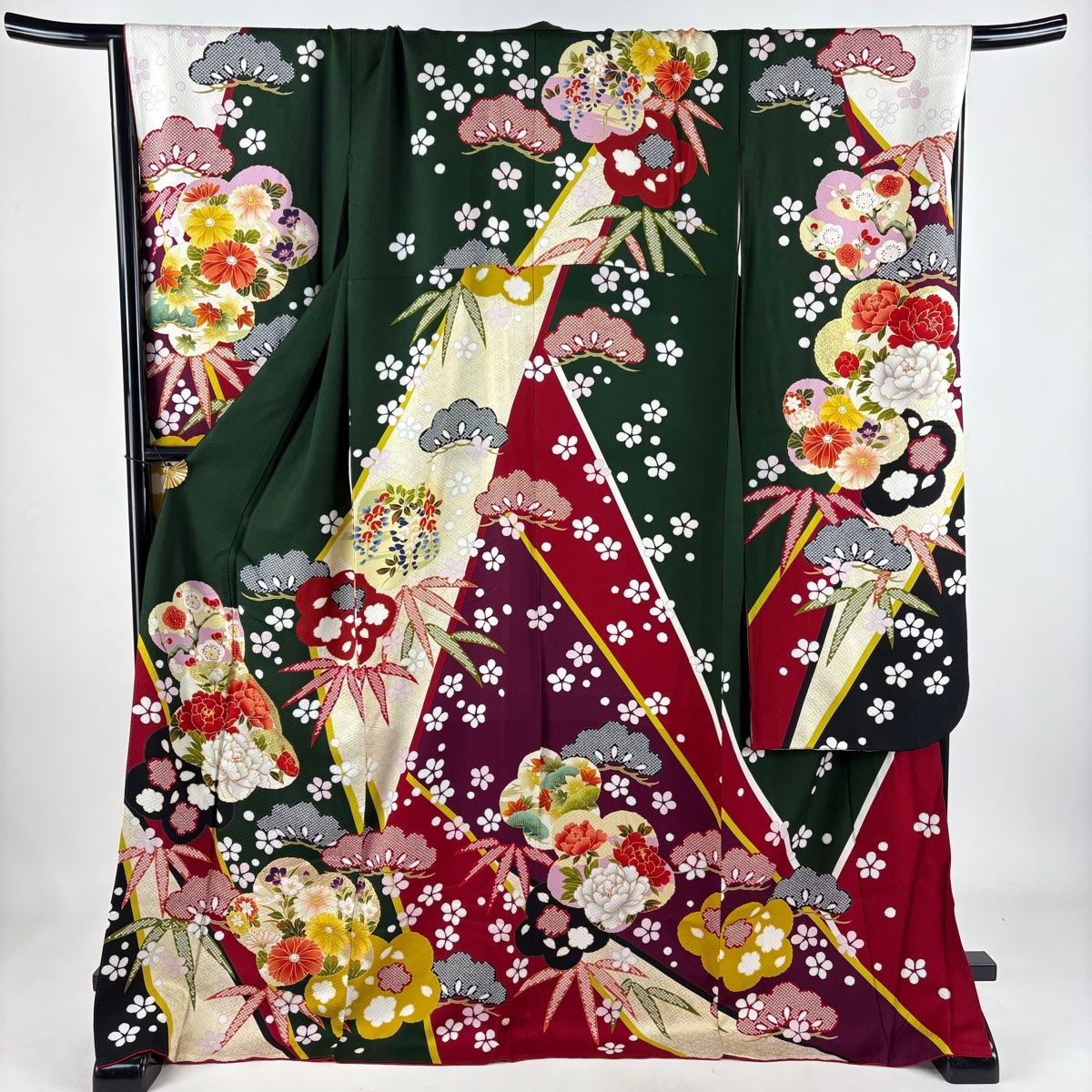 振袖 身丈170.5cm 裄丈69cm L 袷 松竹梅 牡丹 金糸 金彩 深緑 正絹 名品