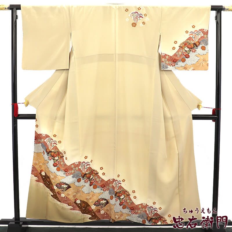 付下げ 袷 レディース 正絹 ベージュ 遠山 観世水 雪輪 身丈159cm 裄丈67.5cm 入学式 卒業式 七五三 ゆったりサイズ リサイクル着物 リユース着物 着物 送料無料 即日発送