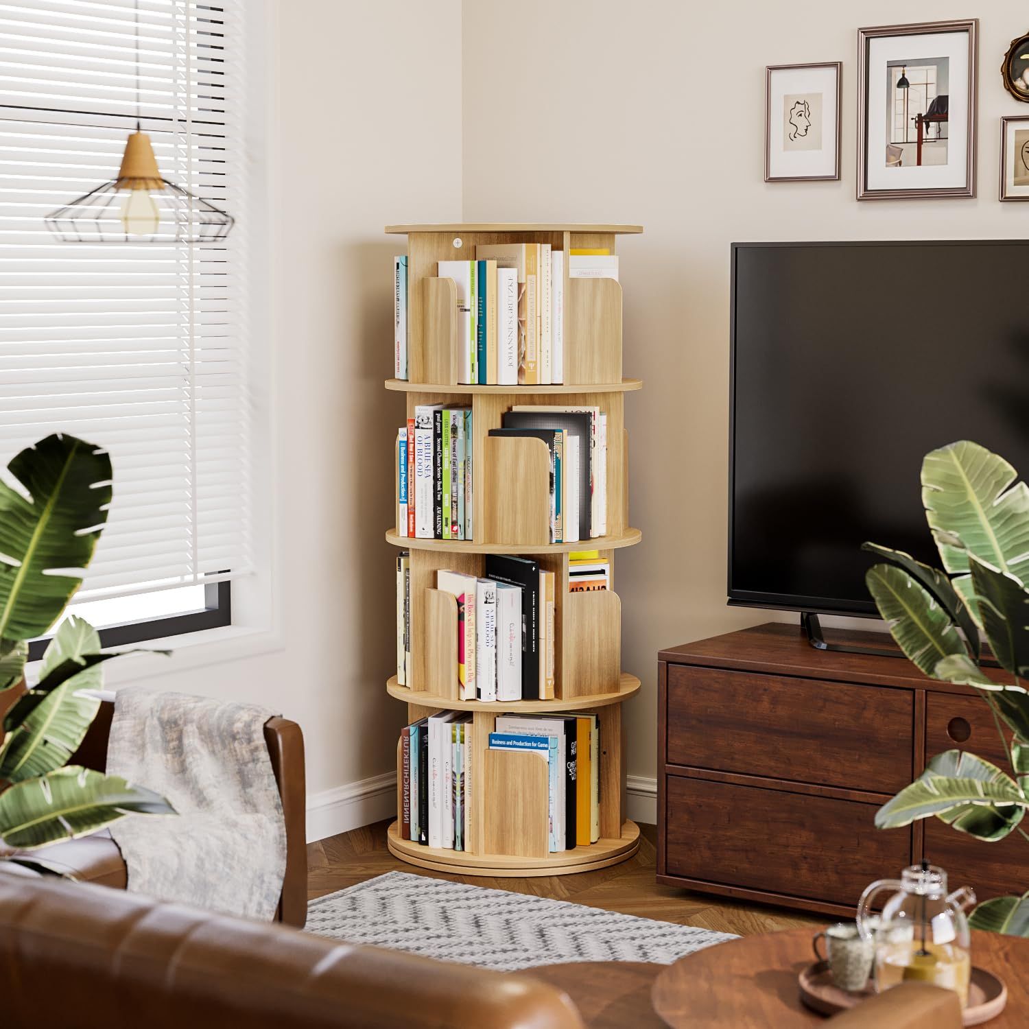 直径40CM 高さ128CM 漫画 4段 絵本棚 子供本棚 回転式本棚 CD棚 ラック 大容量 kukeimaru本棚 省スペース ナチュラル