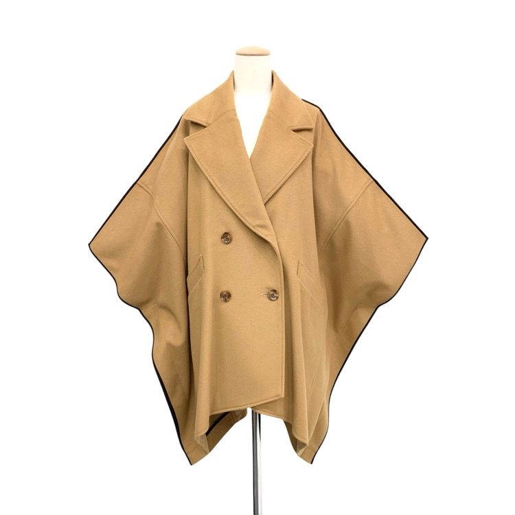 AKIRA NAKA アキラナカ ケープポンチョ コート ブラックパイピング ベージュ 36 AW14-19