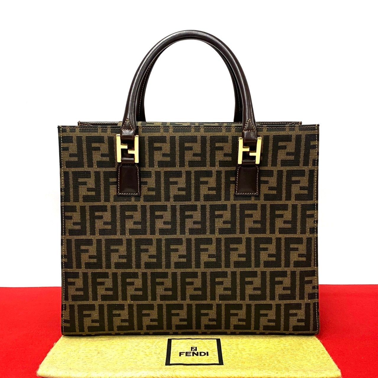 極 美品 FENDI フェンディ ズッカ FF 柄 キャンバス レザー 本革 