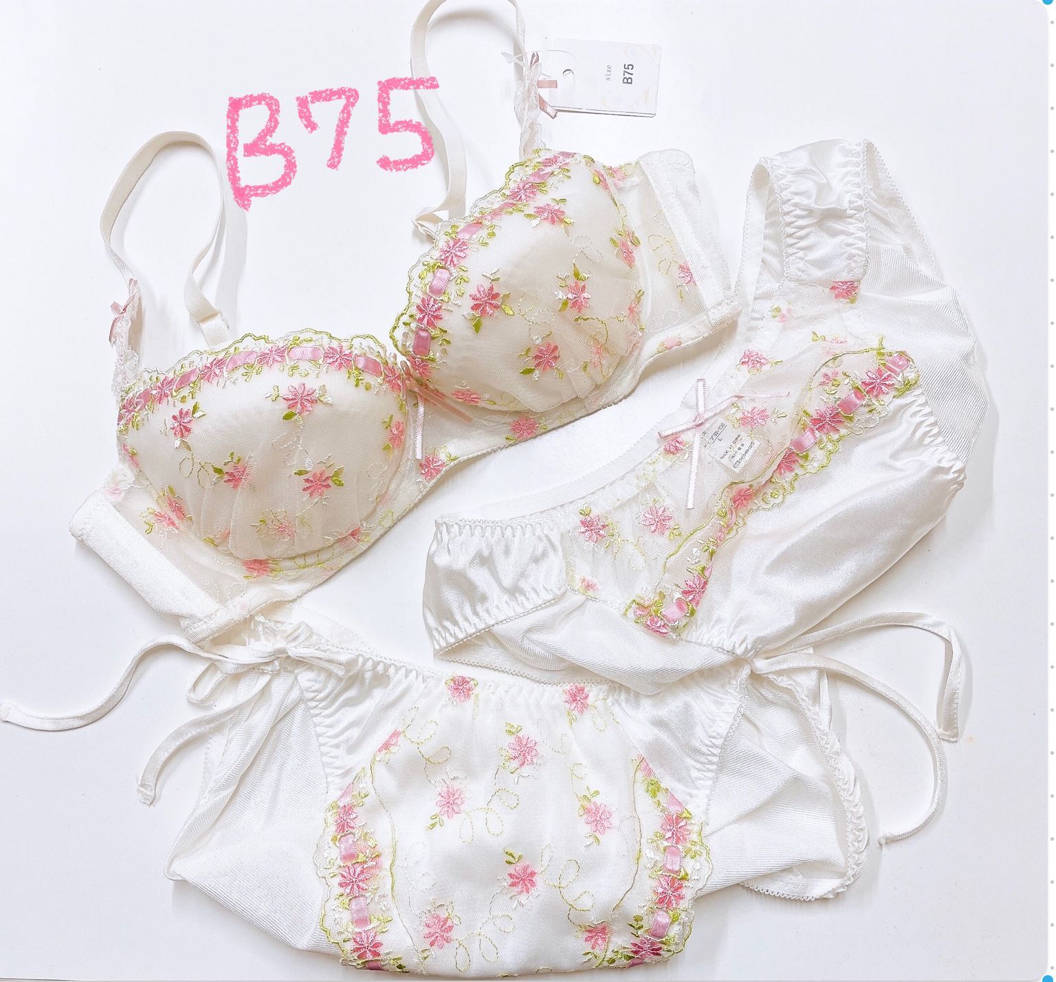 白地ピンク花柄ブラジャーB75、ショーツ2種類L ３点セット BB234
