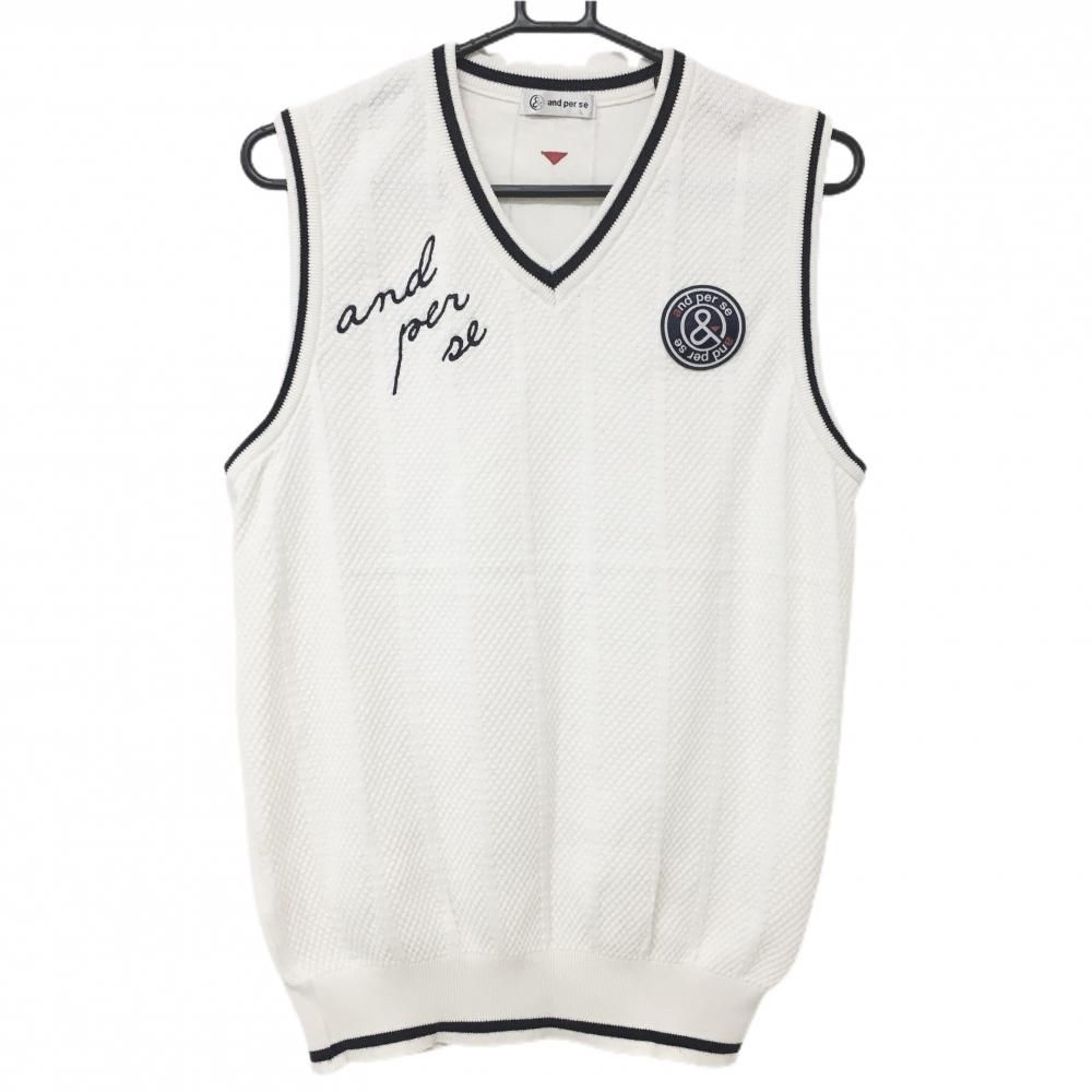 アンパスィ ニットベスト L 美品❗️ 美品】アンパスィ ニットベスト 白×ネイビー Vネック ロゴワッペン