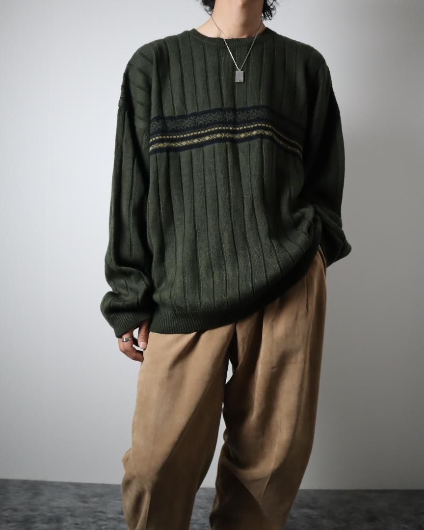 arieニット✿【vintage】リブ編み デザイン ルーズ ニット セーター 2XL 深緑