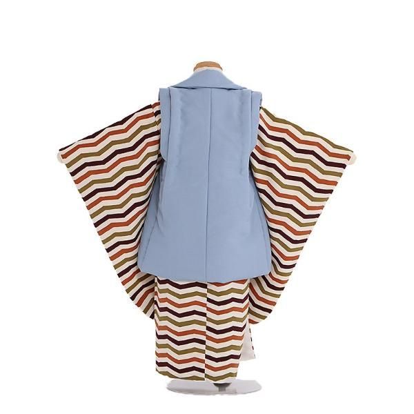 七五三 3歳 男児 被布 着物 2点セット 水色×ベージュ横縞 Z579