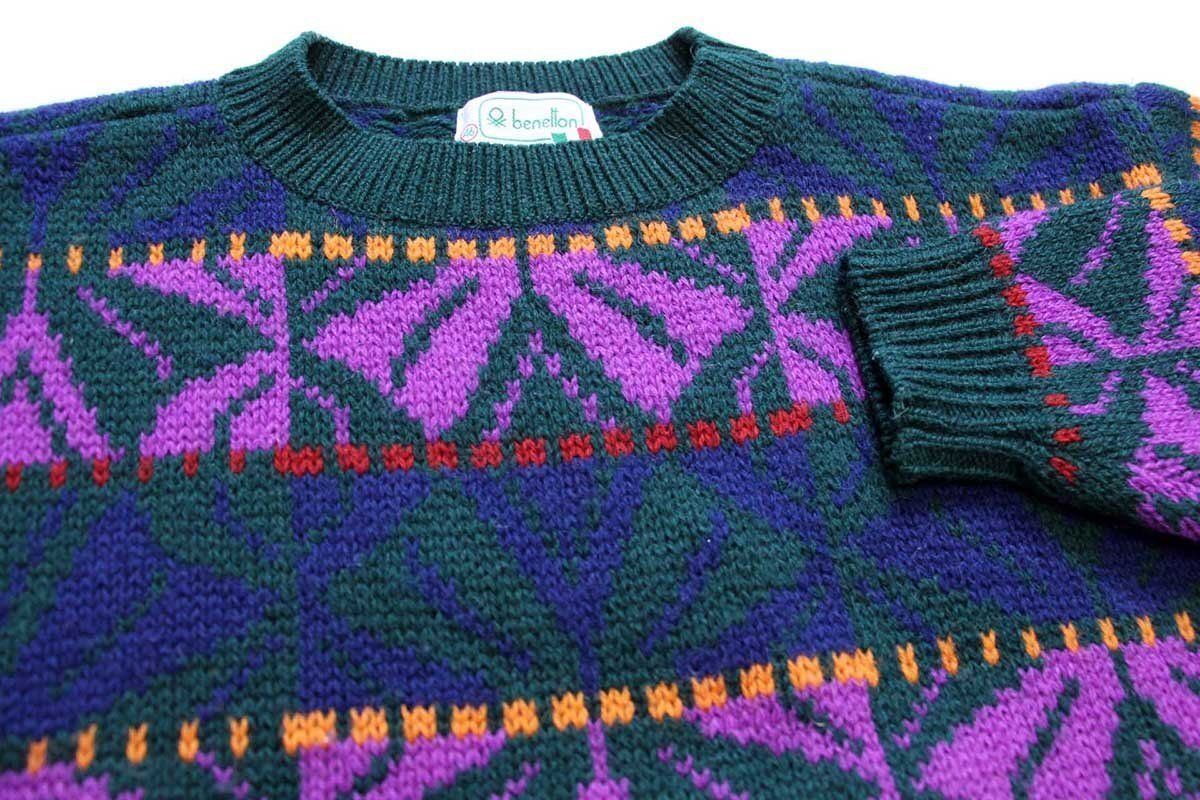 80s benettonベネトン 総柄 ウールニット セーター 46★オールド ビンテージ ユーロ イタリア ノルディック フェアアイル 80s benettonベネトン 総柄 ウールニット セーター 46☆オールド
