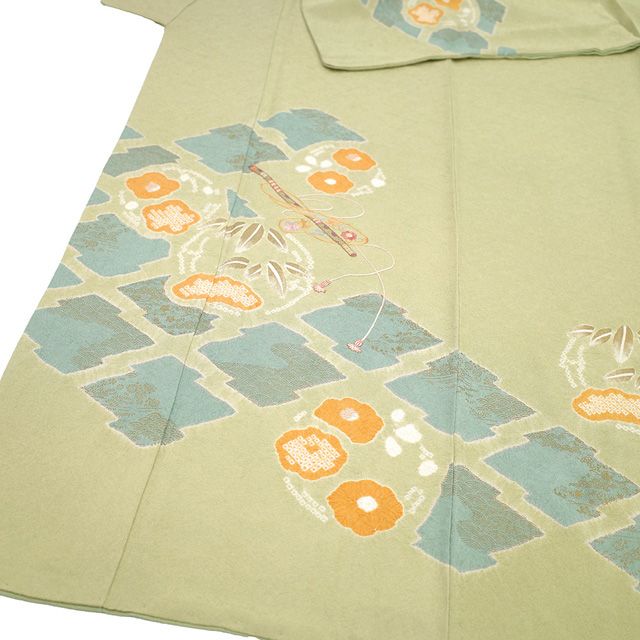 平和屋本店□極上 訪問着 駒刺繍 草花文 黒地 金彩 鬼しぼ縮緬 逸品 未  