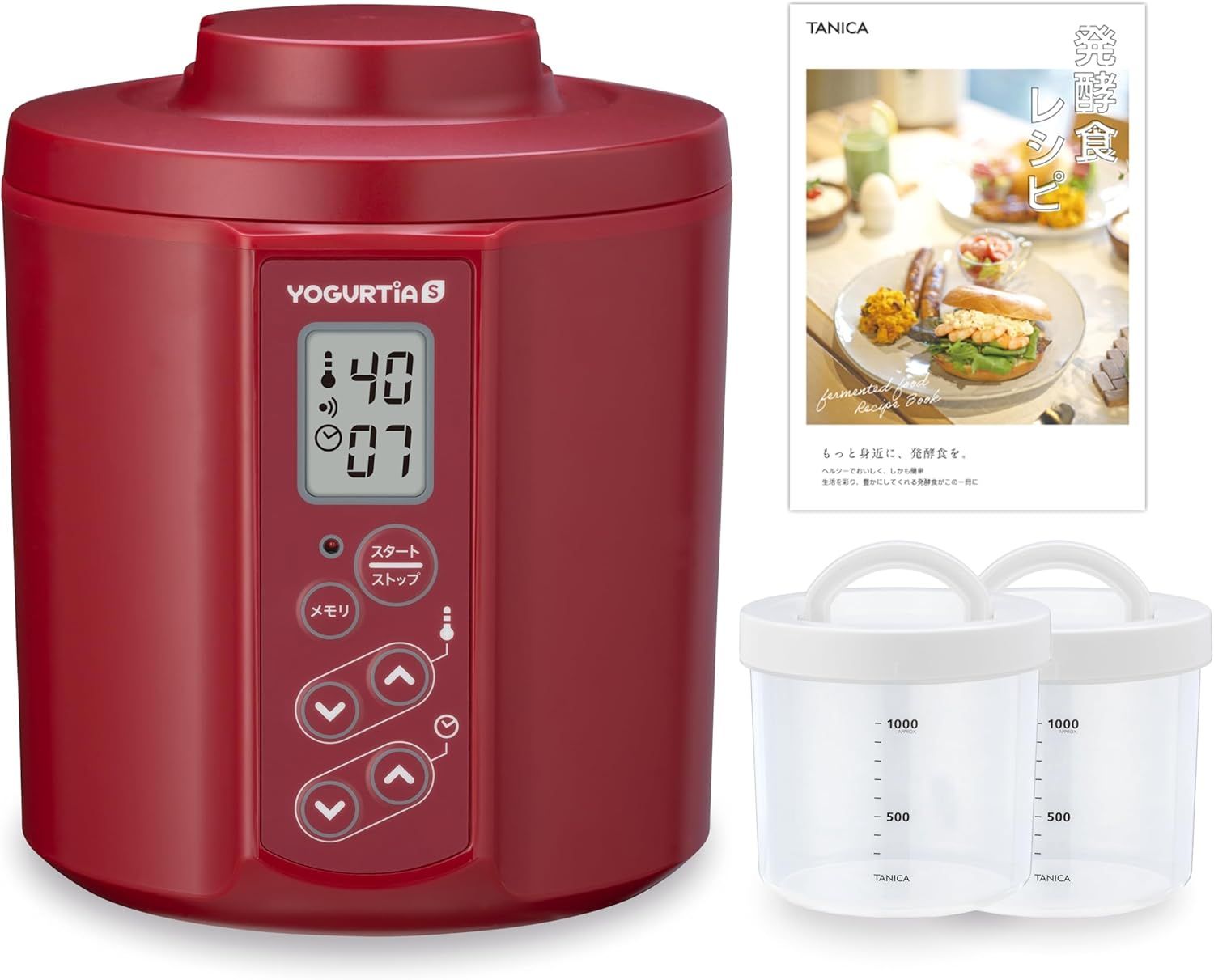 最新 国産 TANICA ヨーグルトメーカー PP容器２個セット 温度調節 25～70℃ タイマー メモリ ブザー付 ヨーグルティアS 1200ml YS-02R レッド
