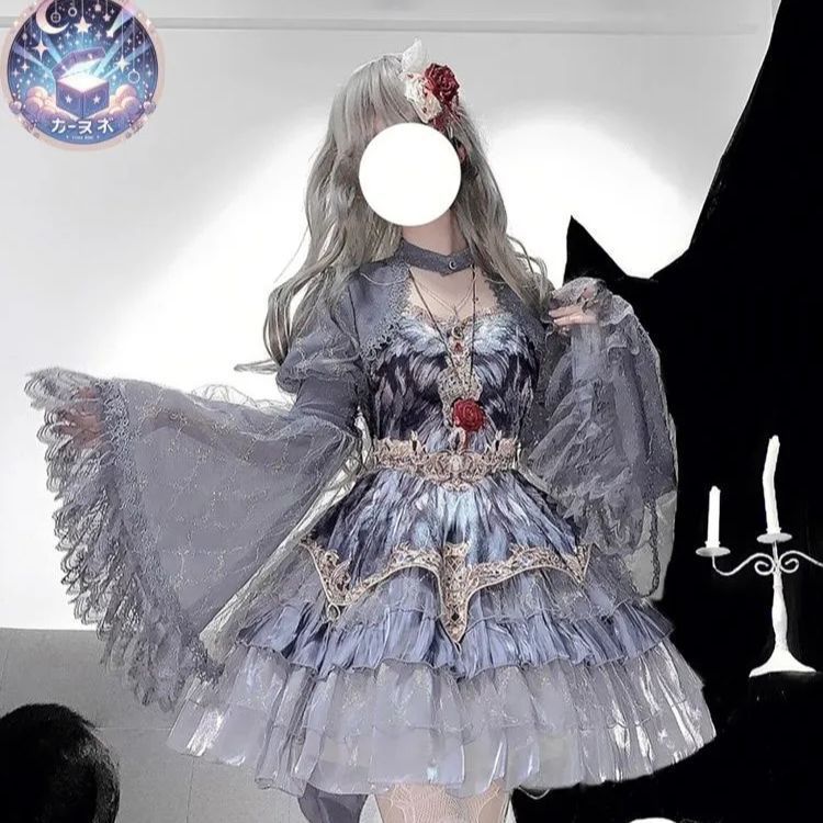 Lolita ロリータ 星 Dark クラシカルワンピース - | 優雅な姫袖 JSK レース 貴族風 フェアリーエレガント | ゴシック姫系ドレ