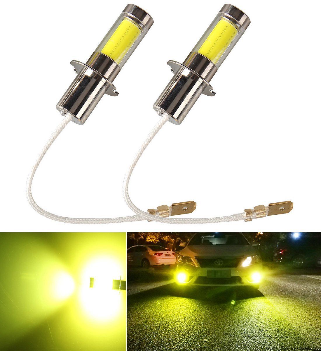 【人気商品】LEDフォグランプ H3 黄色 イエロー-POOPEE 35W 800LM 12V/24V兼用 無極性 COBチップ360発光 高輝度 2個セット