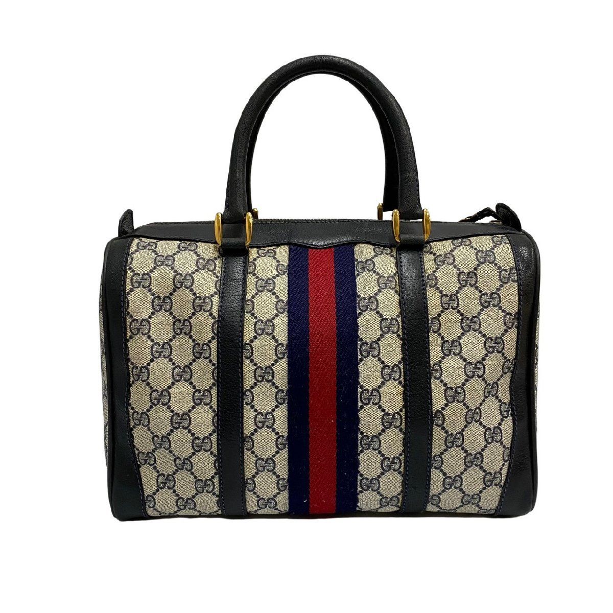美品 GUCCI ボストンバッグ GGネイビー シェリーライン ヴィンテージ グッチ オールドグッチ ボストンバッグ ハンドバッグ シェリーライン