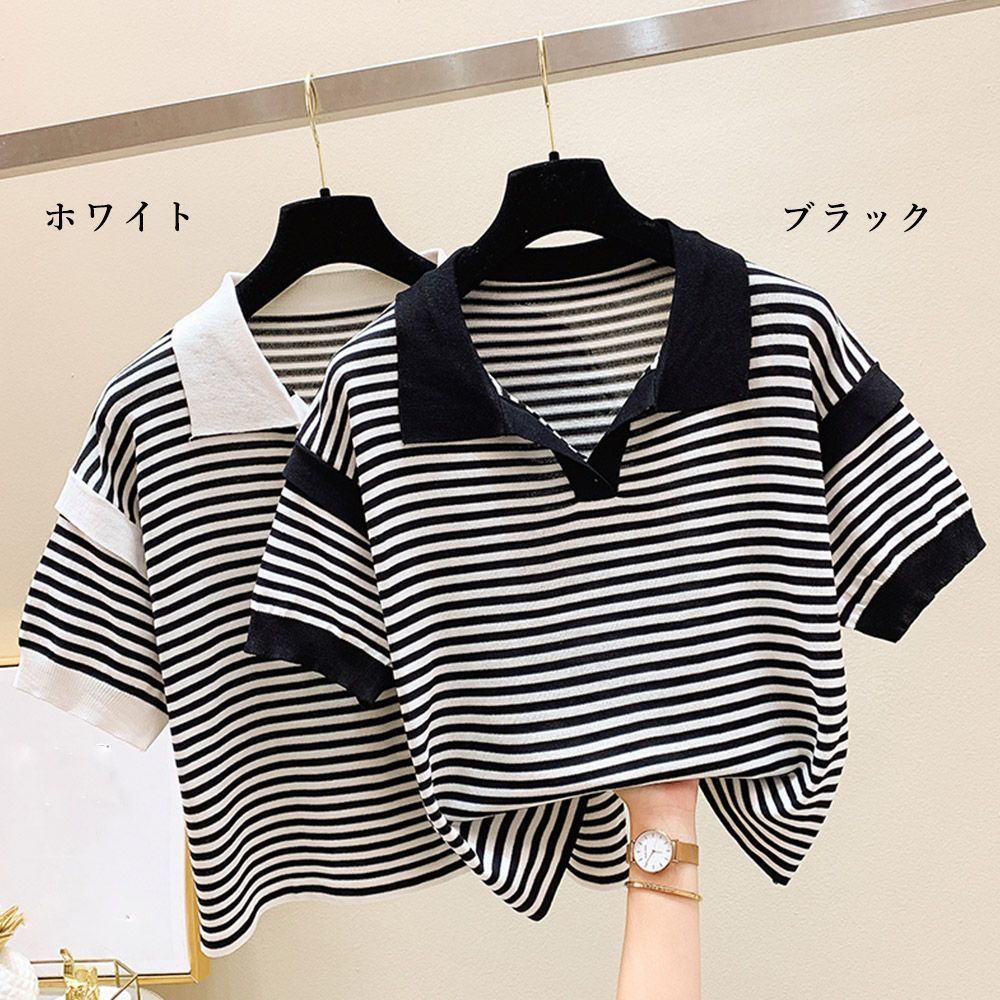 ポロシャツ レディース 半袖 ボーダー ニットTシャツ 薄手