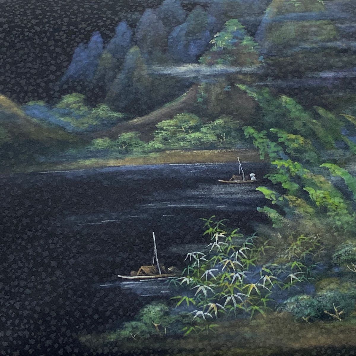 袋帯 秀品 落款 風景 舟 銀彩 黒 お太鼓柄 正絹