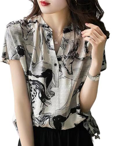 [ニーマンバイ] シフォンブラウス モノクロ プリント vネック 半袖 トップス レディース 春夏 夏 夏服 夏用 シフォンシャツ かわいい 可愛い おしゃれ アート 総柄 シフォン オフィス フォー