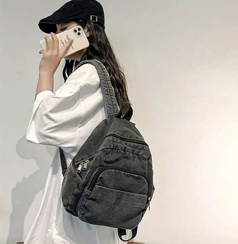 新品 シンプルでカジュアルなバックパック、学生に最適、レトロウォッシュデニムバックパック