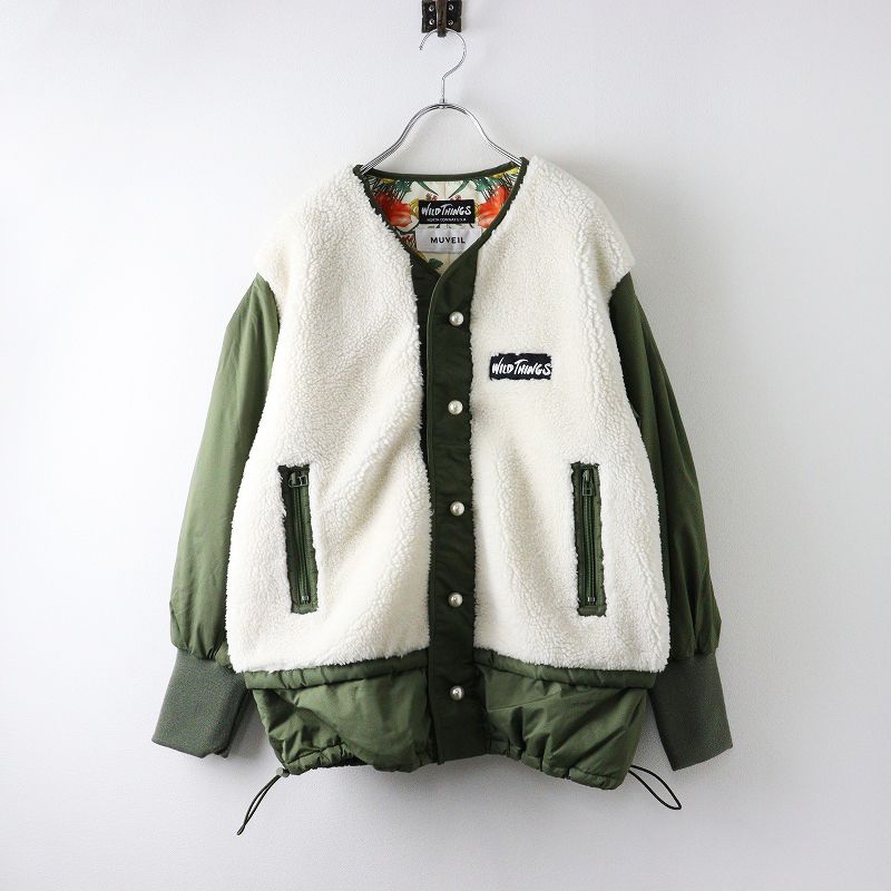人気 ミュベール X ワイルドシングス MUVEIL WILD THINGS ボア切替 コラボブルゾン 36|カーキ 裏地花柄 パールボタン 2400014381481