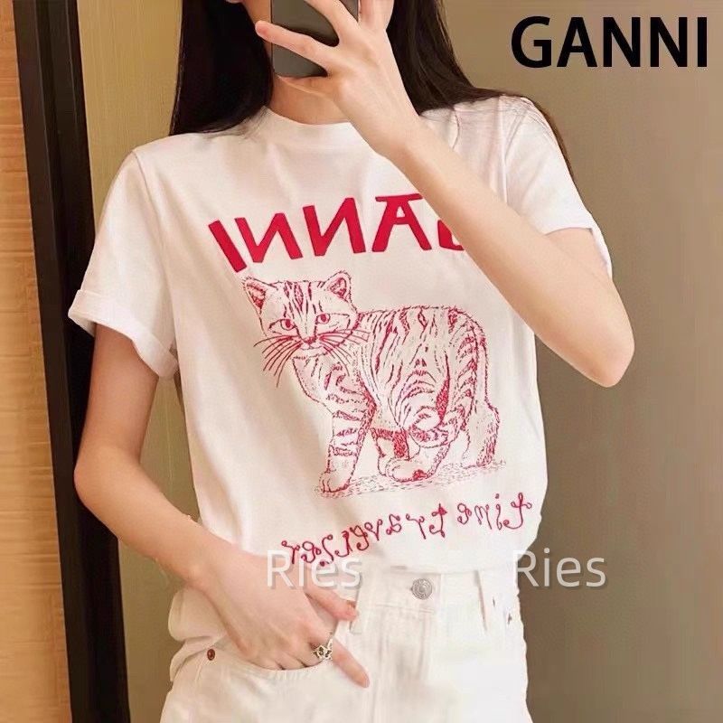 GANNI ピンク猫デザイン Tシャツ