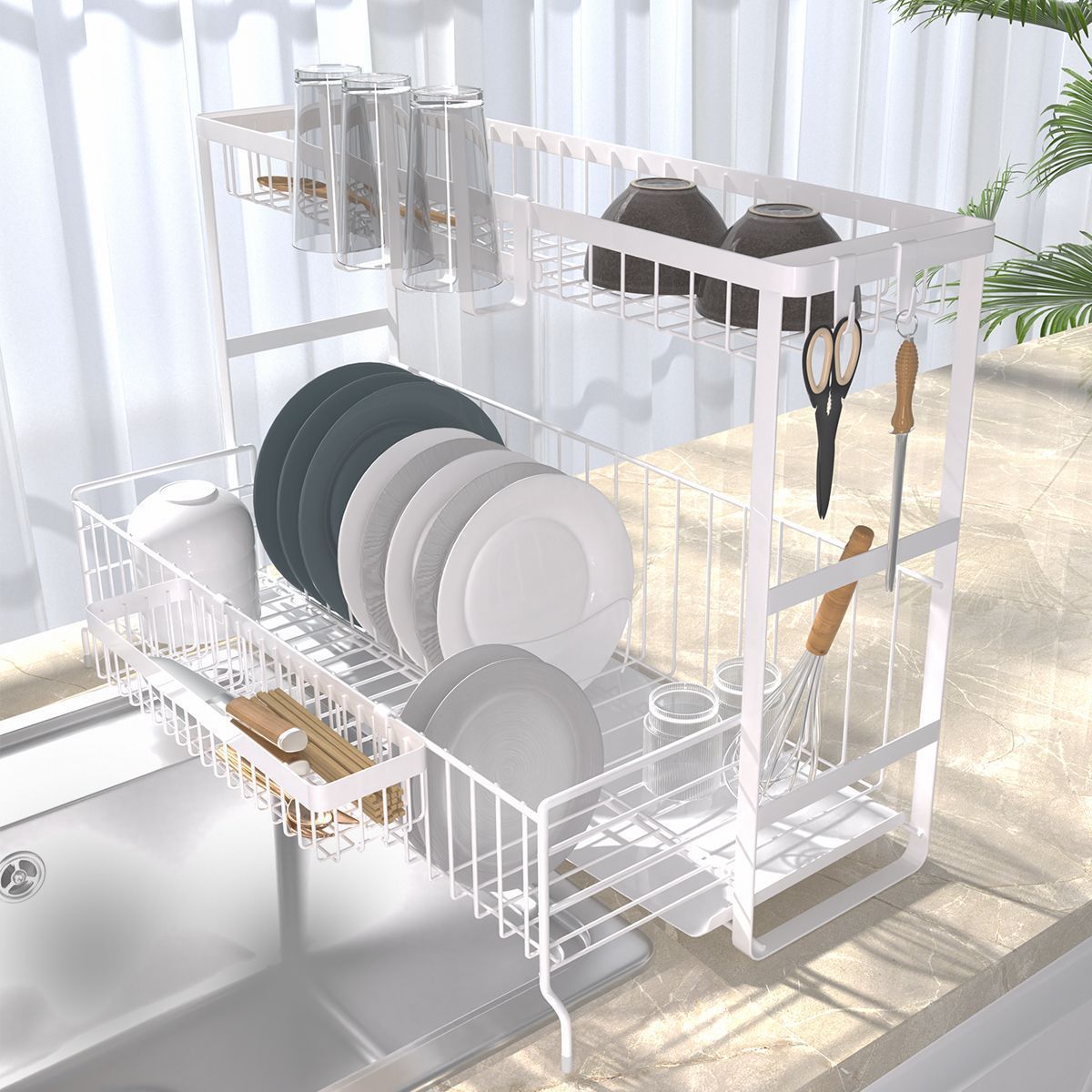水切りラック 伸縮式 水切りかご 2段 スリム 食器乾燥 キッチン収納 水切りトレイ コンパクト 大容量 食器収納